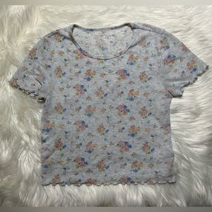 American Eagle Grey Floral Waffle Baby Doll T Shirt